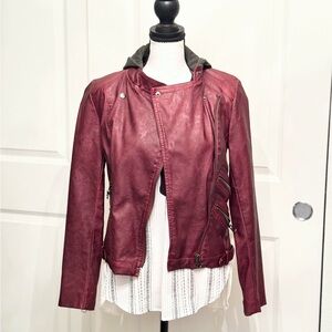 Silence + Noise Burgundy Faux Leather Moto Jacket with Hoodie, size XS